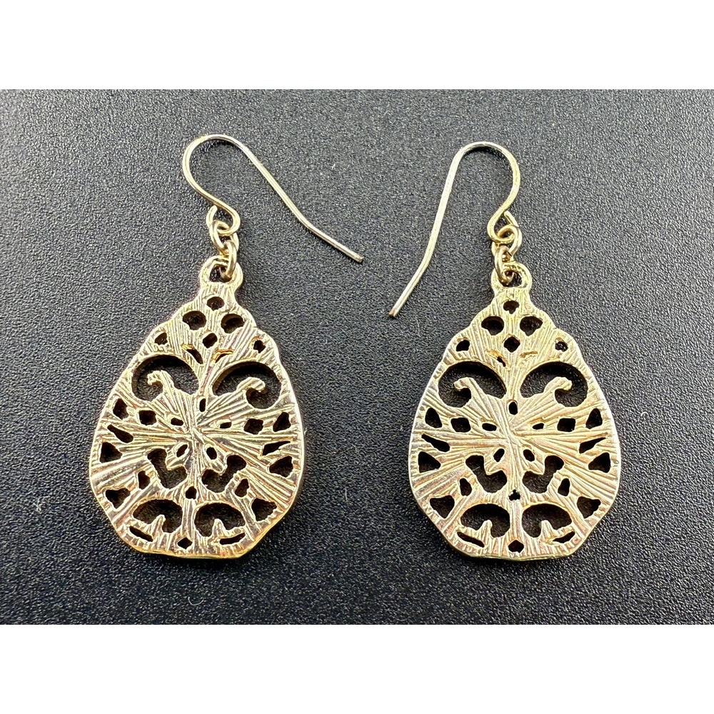 Gold Tone Filigree Teardrop Dangle Earrings Ornate Scrollwork Lightweight